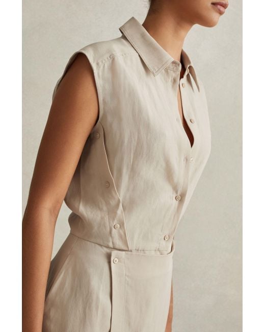 Reiss Natural Yasmin - Neutral Lyocell Linen Wrap Front Midi Dress