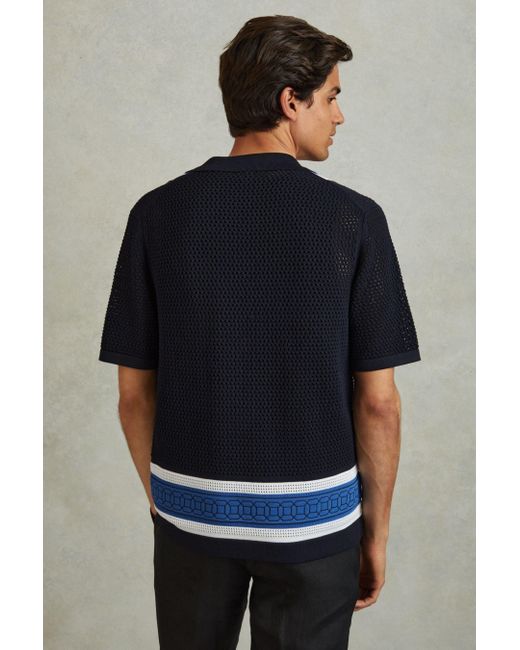 Reiss Blue Jensen - Navy Embroidered Cuban Collar Shirt for men