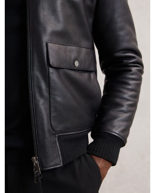 Reiss Gray Leather Shearling-Collar Bomber Jacket for men