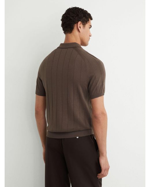 Reiss Brown Merino Wool Wide-Rib Polo Jumper for men