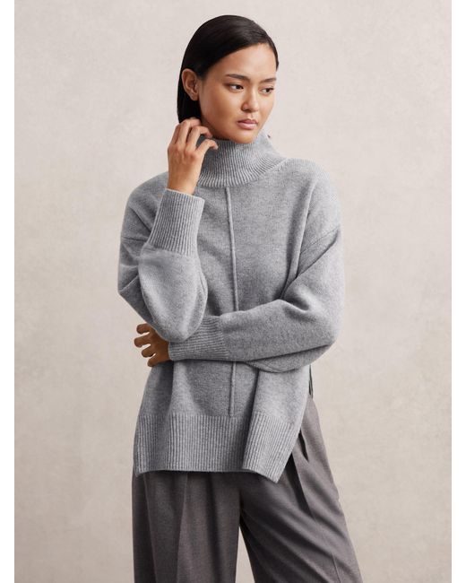 Reiss Gray Wool Zip-Detail Funnel-Neck Jumper