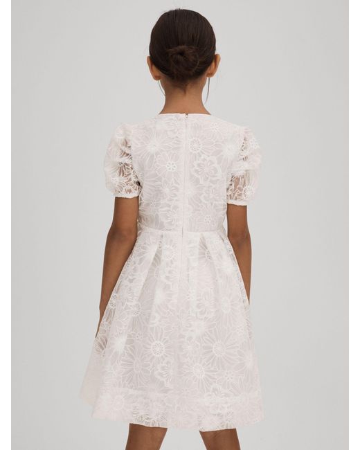 Reiss Natural Cotton Floral Lace Puff Sleeve Dress, Size: 13-14 Years