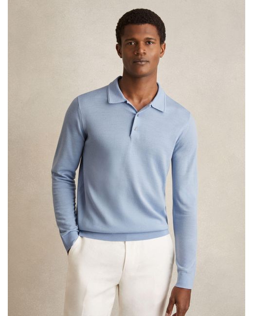 Reiss Blue Merino Wool Long-Sleeve Polo Shirt for men