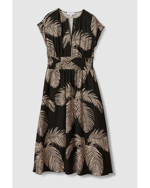 Reiss Natural Colby - Khaki Tropical Print Elasticated Waist Midi Dress