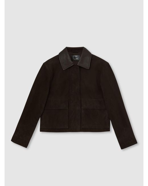 Reiss Black Leather-Collar Suede Jacket