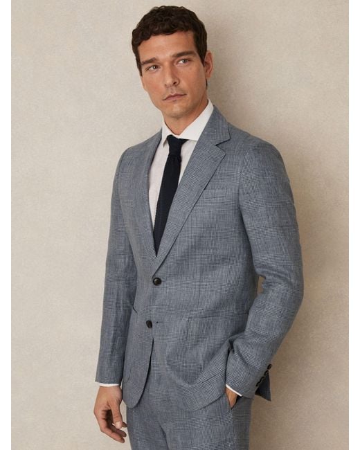 Reiss Gray Slim Fit Single Breasted Linen Check Suit Blazer for men