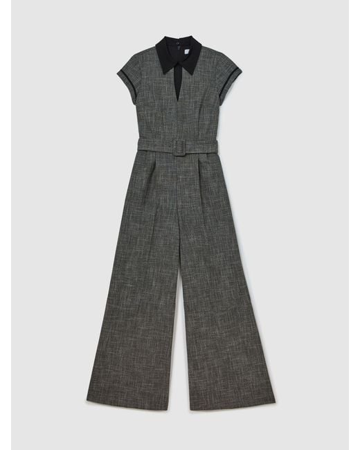 Reiss White Collared Wide-Leg Belted Jumpsuit