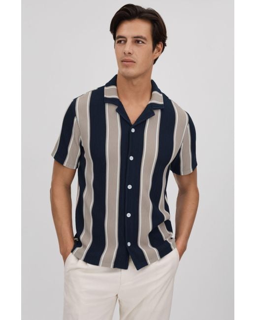 Reiss Blue Alton Short Sleeve Textured Stripe Shirt for men