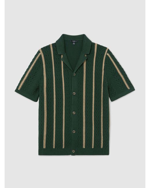Reiss Black Ellingham - Forest Green Cotton-blend Textured-knit Stripe Shirt, M for men