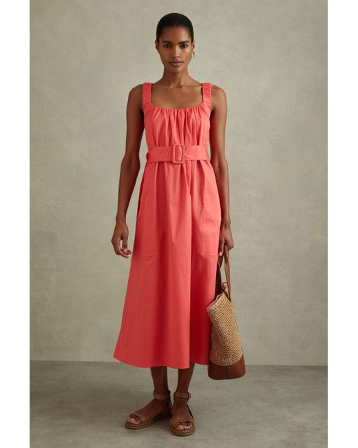 Reiss Red Cotton Ruched Strap Belted Midi Dress