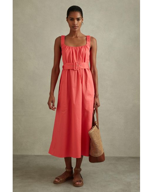 Reiss Red Liza - Coral Cotton Ruched Strap Belted Midi Dress
