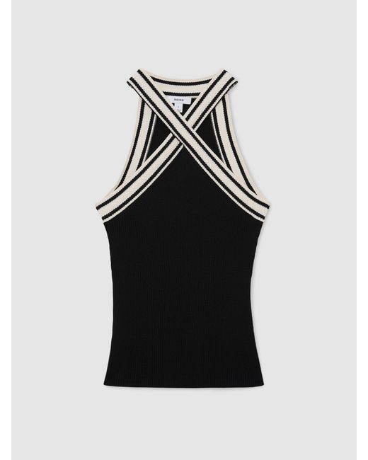 Reiss White Contrast-Neckline Rib-Knit Top