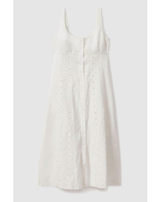 Reiss Natural Clarice - Ivory Linen Broderie Midi Dress