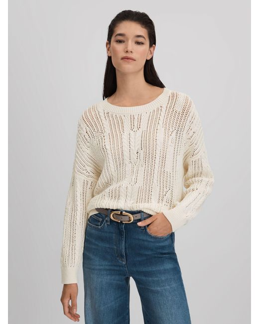 Reiss Natural Tanya - Ivory Cotton Blend Open Stitch Crew Neck Jumper, Xs (us 2)