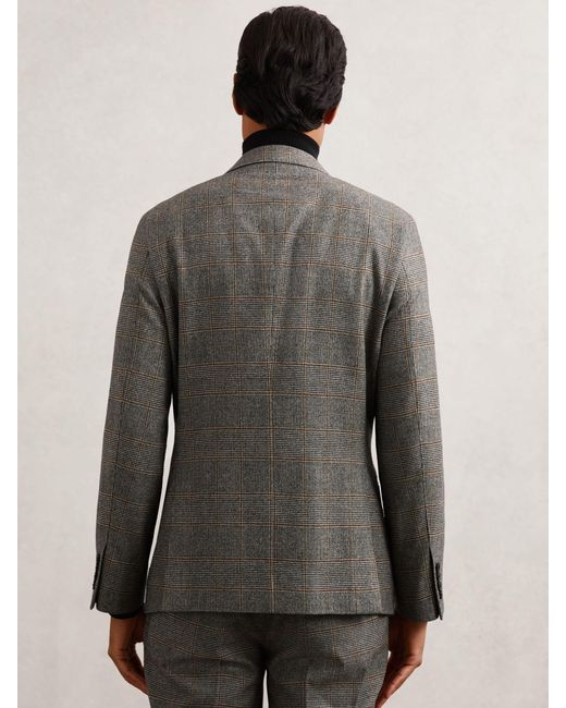 Reiss Gray Wool Double-Breasted Check Tailored-Fit Suit Blazer for men