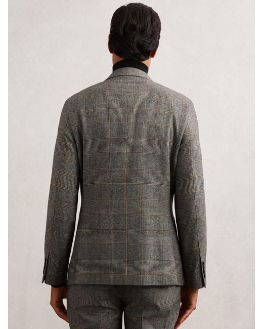 Reiss Gray Wool Double-Breasted Check Tailored-Fit Suit Blazer for men