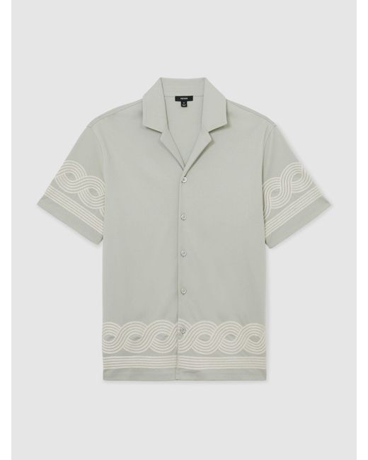 Reiss Gray Arden Cotton-Blend Embroidered Cuban-Collar Shirt for men