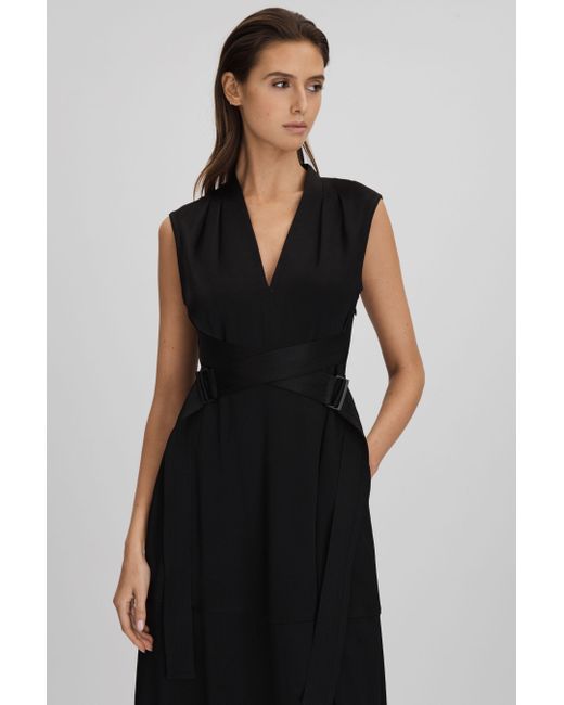 Reiss Raya - Black Strappy Asymmetric Midi Dress