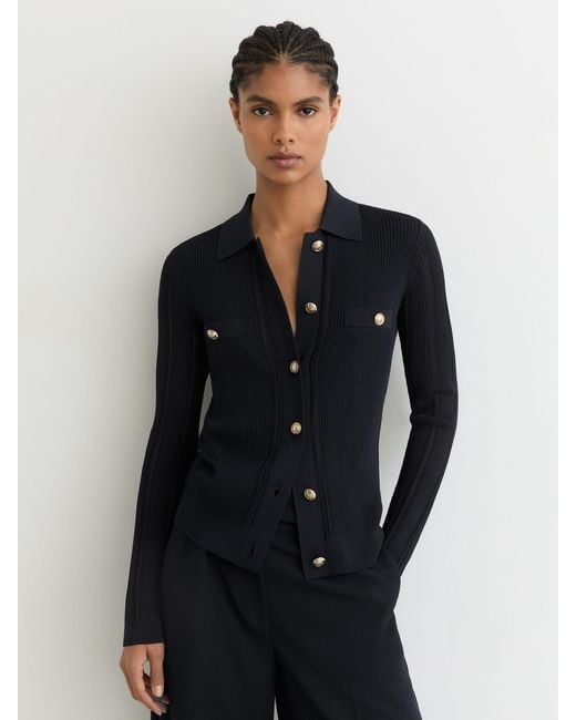 Reiss Blue Button-Through Knitted Top With Collar