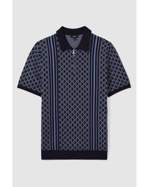 Reiss Gray Sanderson - Navy Half-zip Diamond Stitch Polo Shirt for men