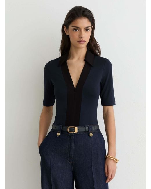 Reiss Blue Denny - Navy/black Jersey Colour-block Half-zip Polo Top, Us 10