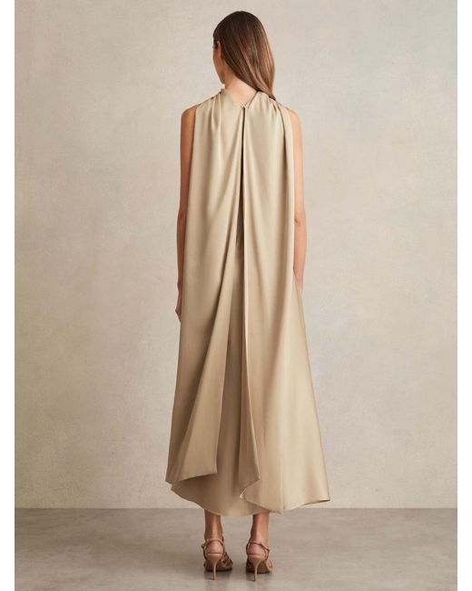 Reiss Natural Michelle - Champagne Neutral Satin Tuck-detail Cape Midi Dress, Us 10
