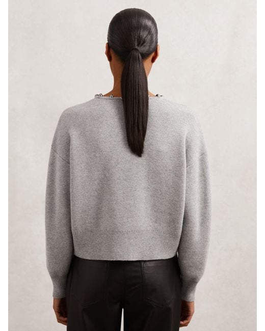 Reiss Gray Wool-Blend Beaded-Trim Cardigan With Cashmere