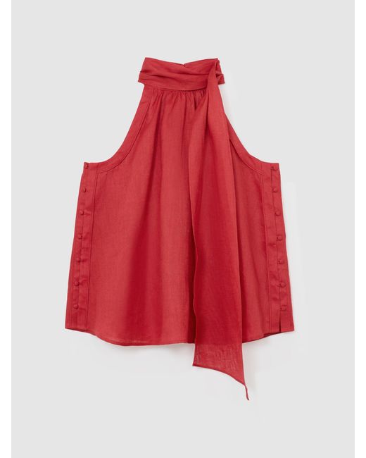 Reiss Pink Andi - Coral Red Linen Sleeveless Scarf-neck Top, Us 6