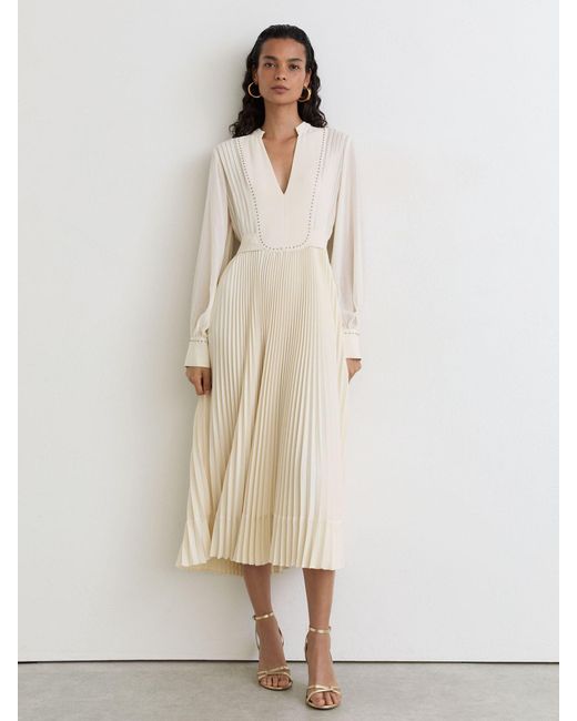 Reiss Natural Stud-Detail Pleated Midi Dress
