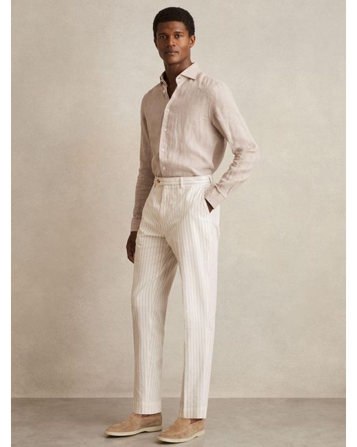 Reiss Natural Off & Taupe Regular-Fit Cotton-Blend Pinstripe Trousers for men