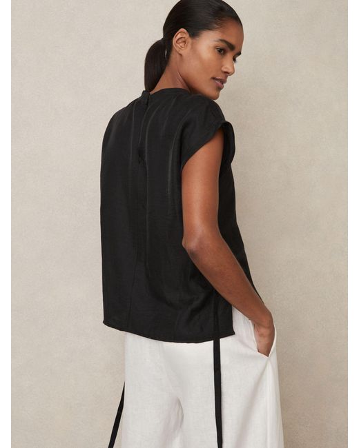 Reiss Black Linen-Blend Cap-Sleeve T-Shirt