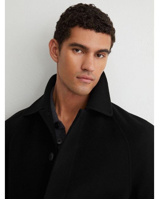Reiss Black Wool-Blend Single-Breasted Raglan Overcoat for men