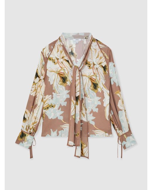 Reiss Natural Maggie - Pink/ivory Floral-print Tie-neck Blouse, Us 2