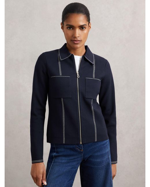 Reiss Blue Stitch-Detail Zip-Through Cardigan