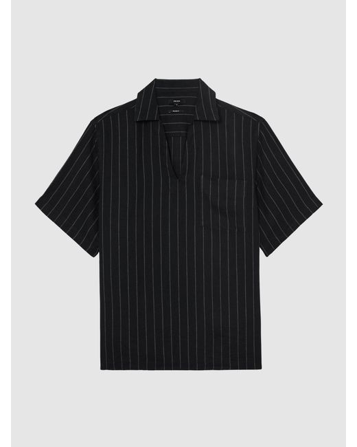 Reiss Gray Quest - Black Linen Pinstripe Open-collar Shirt, 2x-large for men