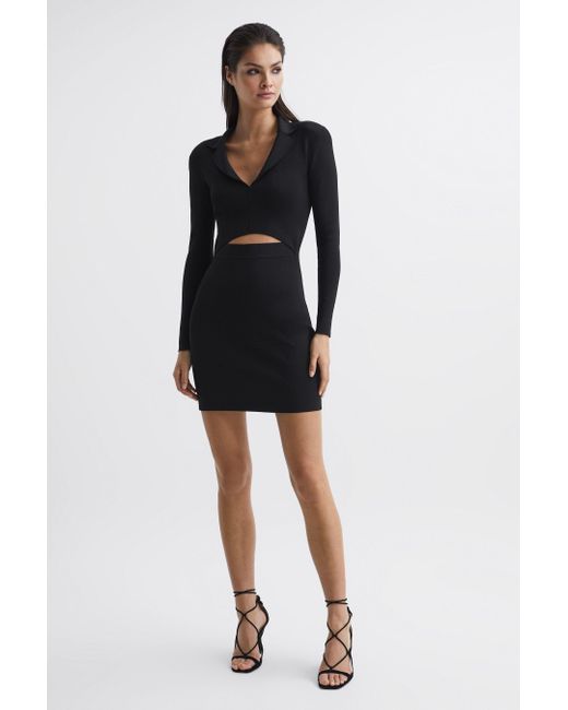 Reiss Freya - Black Cut-out Collared Knitted Bodycon Dress, S
