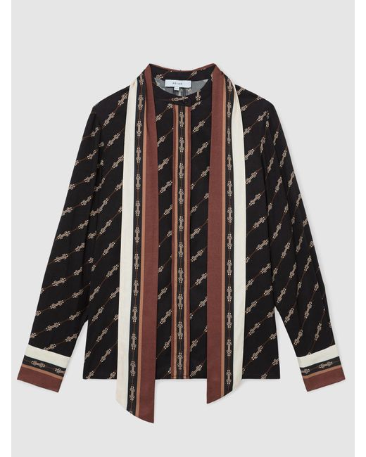 Reiss Lydia - Black Chain-print Tie-neck Shirt, Us 2