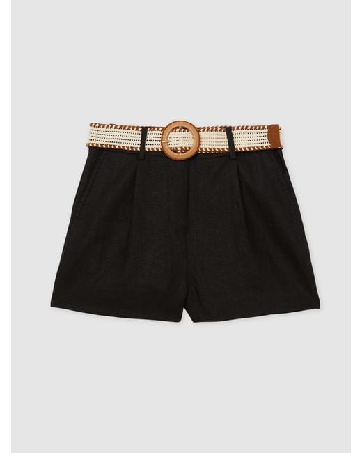 Reiss Natural Beau - Black Linen Pleat-front Belted Shorts, Us 14 L