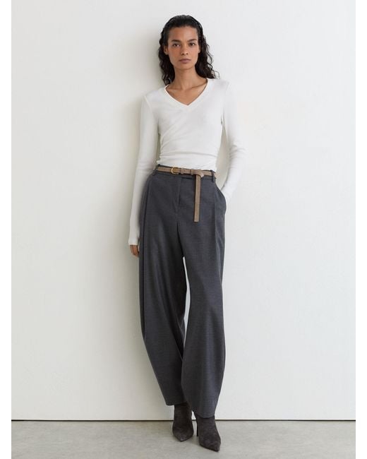 Reiss White Cotton-Stretch V-Neck Ruched Top