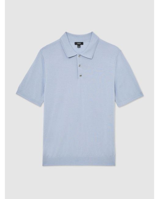 Reiss Blue Merino Wool Short-Sleeve Polo Shirt for men