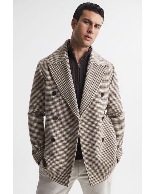 Reiss Brown Albert - Oatmeal Wool Dogtooth Double Breasted Coat, Xxl for men