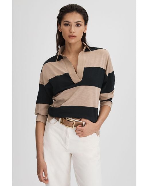 Reiss Multicolor Abigail - Black/camel Striped Cotton Open-collar T-shirt