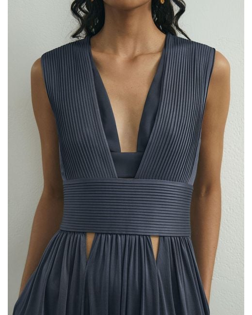 ATELIER Gray Pleated Plunge-Neck Maxi Dress