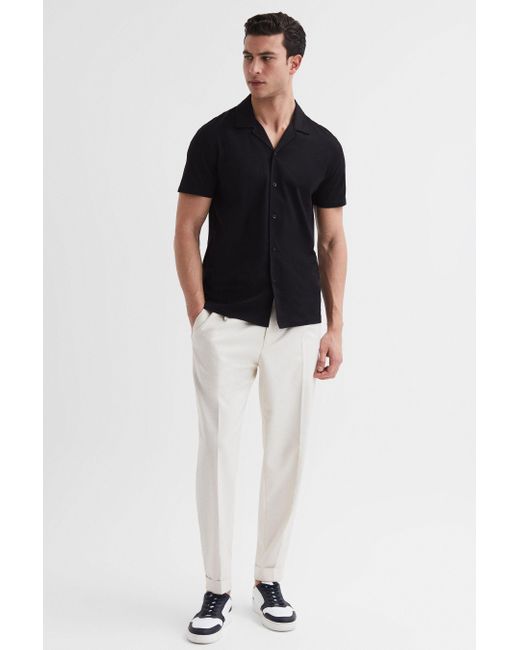 Reiss Caspa - Black Mercerised Jersey Cuban Collar Shirt, M for men