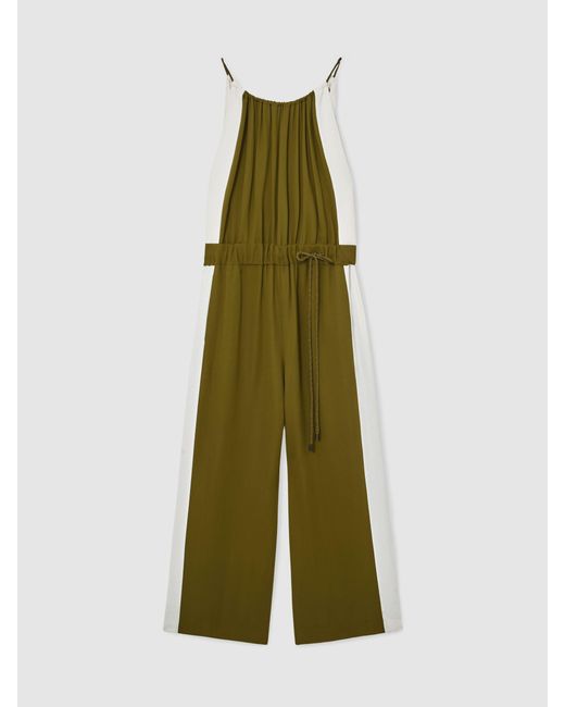 Reiss Green Cream Colourblock Gathered Wide-Leg Jumpsuit