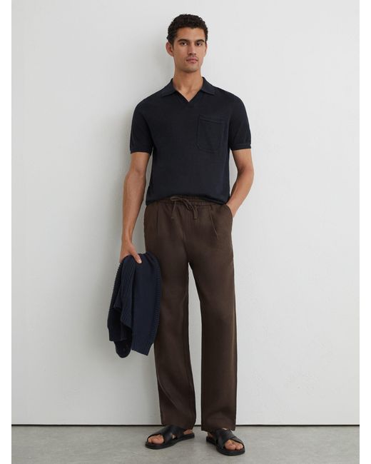 Reiss Black Fairmont - Navy Linen Open-collar Knit Polo Shirt, M for men