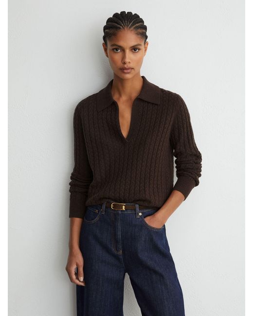 Reiss Black Millie - Grape Burgundy Wool-cashmere Cable-knit Collared Jumper, Xs (us 2)