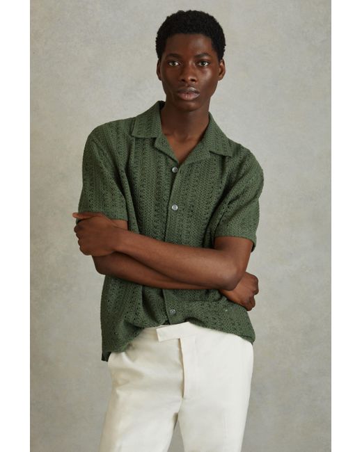 Reiss Paradise - Olive Green Cotton Crochet Cuban Collar Shirt for men
