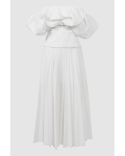 Acler White Ivory Pleated Puff Sleeve Midi Dress