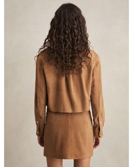Reiss Brown Connie - Tan Suede Press-stud Cropped Shirt, Us 10